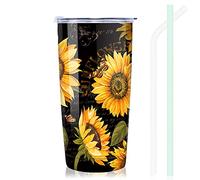 NymphFable 560ML Tournesol Mug Isotherme de Voyage, Tasse à Café Double Paroi avec Paille et Couvercle