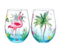 NymphFable Ensemble de 2 Verre à Vin Peint à la Main Flamant Coloré Verre sans Pied Personnalisé Verre a Vin Design Cadeau pour Femme 52CL