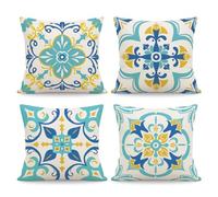 NymphFable Lot de 4 Housses de Coussin Boho Bleu Jaune 45 x 45 cm, Décor Fleuri en Lin Housses Décoratives pour Canapé Salon Chambre