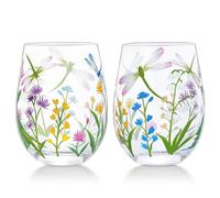 NymphFable Peint à la Main Stemeless Verre à Vin 18oz Ensemble de 2 Libellule Fleurs Vin Gobelet Cadeaux d’Anniversaire Personnalisés pour Elle