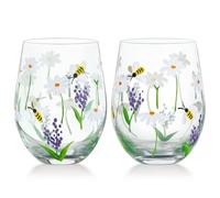 NymphFable Peint à la Main Stemeless Verre à Vin 18oz Ensemble de 2 Marguerite Abeille Vin Gobelet Cadeaux d’Anniversaire Personnalisés pour Elle