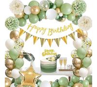 NymphFable Vert Sauge et or Decoration Anniversaire 62 Pièces, Kit Guirlande D'Arche de Ballon Vert, Paillettes, Ballons, Boules de Papier Bannière de Joyeux Anniversaire