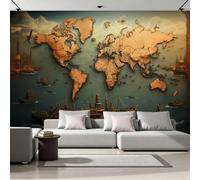 NYSMGS Papier Peint Panoramique Carte Du Monde Rétro Papier Peint Intissé Murale Navigation Navire 3D Grand Format Décoration Murale Poster 350x256cm Pour Salon Chambre Bureau TV Fond 4X802