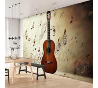NYSMGS Papier Peint Panoramique Guitare Rétro Papier Peint Intissé Fresque Murale 3D Musique Notes De Musique Pour Salon Chambre Bureau Décoration Murale Poster Intérieure, Wallpaper 500x280cm 2H167