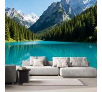NYSMGS Papier Peint Panoramique Lac De Montagne 200x140 Déco Maison | Fresque murale photo effet 3D, décoration murale Intissé moderne Forêt De Pins Turquoise adapté salon, chambre, bureau d-300