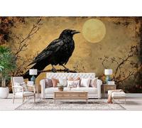 NYSMGS Papier Peint Panoramique Noir Corbeau Papier Peint Intissé Peinture Murale Style Gothique Et Rétro 3D Grand Format Décoration Murale Poster 500x280 cm Pour Salon Chambre Bureau Cuisine 4X111