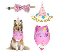 NYTGAH - Lot de 4 accessoires d'anniversaire pour chien - Chapeau, bandana, chiffres pailletés et nœud papillon - Taille unique - Rose - Polyester et cuir - Résistant et de haute qualité