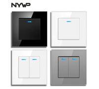NYWP panneau de verre trempé cristal de luxe 1 Gang 2 voies interrupteur marche/arrêt interrupteur mural avec indicateur LED 16A AC 250V 1gang1way gris