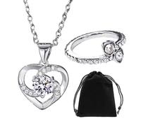 NyxSeat 1 bague en forme de cœur et 1 collier en forme de cœur avec 1 pochette à bijoux, double bague d'amour, bijou tendance pour femme, convient pour la Saint-Valentin, un anniversaire, un