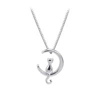NyxSeat 1 collier chat lune avec 1 boîte à bijoux noire - Collier en cristal 3D - Collier animal pour femme et fille - Convient pour un usage quotidien, fête (argenté)., Argent sterling