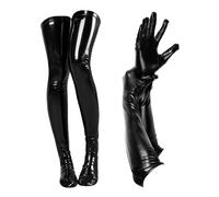 NyxSeat 1 paire de gants en cuir, 1 paire de chaussettes en cuir, costume extensible noir sexy, gants longs brillants et bas hauts au genou, vêtements de fête de club (noir)