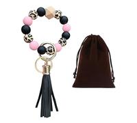 NyxSeat 1 porte-clés de poignet et 1 pochette en velours, bracelet de perles bohème avec pompon, porte-clés de voiture pour femme., noir, rose, doré, taille unique