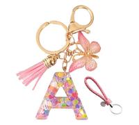 NyxSeat 1 porte-clés lettre A en résine avec 1 porte-clés en cuir tressé rose, porte-clés papillon, porte-clés en forme de cœur à paillettes, Rose, taille unique