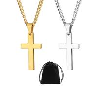 NyxSeat 2 chaînes en forme de croix avec 1 pochette en velours noir, pendentif en forme de croix en acier inoxydable, ensemble de chaînes en or et argent, accessoires de mode pour hommes et femmes,