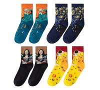 NyxSeat 4 Paires de Chaussettes de Peinture à l'Huile Rétro pour Femme Synthétique au Centre du Mollet Mona Lisa, Cadeaux pour Femmes, Multicolore, 10-19