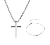NyxSeat Ensemble de 1 collier et bracelet avec croix avec boîte cadeau, ensemble de bijoux pour hommes et femmes, croix de Jésus, bijoux en chaîne croisée, accessoires de collier et de bracelet, acier