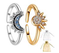 NyxSeat Lot de 2 bagues de couple, 2 sacs en gaze, anneaux soleil et lune, bagues de partenaire, anneaux célestes empilables, bagues cadeaux pour amies, convient pour les fiançailles, les mariages,