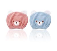 NyxSeat Lot de 2 bonnets de séchage en forme d'ours - Turban à absorption rapide - Réduit le temps de séchage - Convient pour la douche, le maquillage et les soins du visage (bleu, rose)