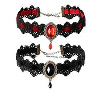 NyxSeat Lot de 2 colliers gothiques en dentelle rétro avec pierres précieuses gothiques pour Halloween, bijoux pour femme (noir + rouge) 32+5 cm en résine mate
