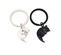 NyxSeat Lot de 2 porte-clés chat avec 1 boîte cadeau, en acier inoxydable, pendentif chat mignon, cadeaux pour amoureux et amis (noir, argent), noir et blanc, taille unique