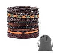 NyxSeat Lot de 6 bracelets en cuir avec 1 pochette en velours gris, bracelets réglables en cuir, accessoires punk, bracelets tressés unisexes, ensemble de bracelets vintage, 17-30cm
