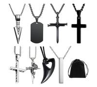 NyxSeat Lot de 8 colliers pour homme, 1 pochette en velours, collier en forme de croix, pendentif dent de loup, acier inoxydable