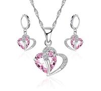 NyxSeat Parure de bijoux 3 pièces, 1 paire de boucles d'oreilles et 1 collier, collier pour femme, collier tendance en forme de cœur, bijoux en cristal rose en forme de cœur, convient pour le