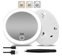 Nzkeuf 30x Miroir Grossissant Lumineux avec 3 Ventouses et Pince à épiler, 10cm Portable Miroir Maquillage Rechargeable avec 3 Lumières de Couleur pour Les Travaux de Précision, pour Voyage, Maison
