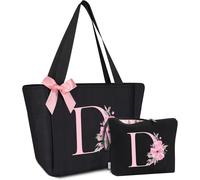 nzqaf-Lot de 2 sacs fourre-tout avec initiale et trousse de maquillage avec lettres, cadeaux pour femme, demoiselle d'honneur, mère, s?ur et enseignant, idéal pour mariage, anniversaire