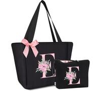 nzqaf-Lot de 2 sacs fourre-tout avec initiale et trousse de maquillage avec lettres, cadeaux pour femme, demoiselle d'honneur, mère, s?ur et enseignant, idéal pour mariage, anniversaire