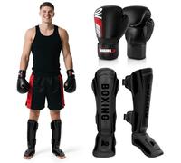 NZQXJXZ Protege Tibia Boxe avec Gants de Boxe 16oz, Protège-Tibias de Kickboxing Muay Thai Arts Martiaux, Protège-Jambes Réglables avec Protection du Cou-De-Pied pour l'Entraînement et Le Sparring MMA