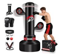 NZQXJXZ Sac de Frappe Adulte, 180cm Sac de Boxe Autoportant avec Gants de Boxe, Pompe, Corde à Sauter et Balle de Réflexe, Sac de Frappe Gonflable pour Hommes pour Entraînement Muay Thai MMA Fitness