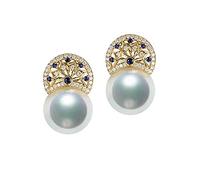 NZVCQVPU 18K Jaune Fleur creuse bleu rond 0,13ct saphir avec collier de perle rond blanc pour les femmes collier pendentif pour les faveurs de fête 18 pouces