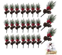 NZVCQVPU Christmas Pine Branch 24PCS 4.33 inch Artificial Pine Picks for Craft Christmas STEM with Red Berries Cones Wreath Making Supplies for Decoration Faux Picks