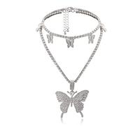 NZVCQVPU Collier chaîne 2 couches pour femme, collier bohème pour femme, collier de tennis réglable en alliage avec pendentif papillon