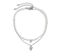 NZVCQVPU Collier pour femme à 2 couches, collier tendance réglable plaqué perles et chaîne rolo avec pendentif en forme de cœur