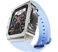 NZVCQVPU Kit Mod pour 8 7 6 5 4 SE 44 45 mm avec pare-chocs à bulle en métal et caoutchouc fluoré, sangle en caoutchouc de luxe avec kit de couverture en acier inoxydable, pour montre iWatch en