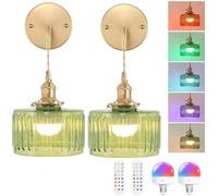 NZVCQVPU Living Room Wall Sconce Gold Battery Operated Lamp, Retro Wireless No Power Connection, E27 Indoor Round Bedside Lamp, 2 Pack, Amber