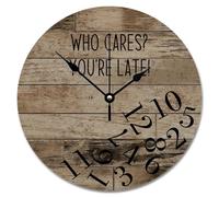 NZVCQVPU Who Cares You're Late Wall Clock Weathered Wood Floor Round Decorative Clocks Battery Operated 10 inch Country Coastal Decor She Shed Living Room Decor Gift for Man Woman Friend