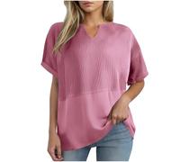 NZYIHAO Chemisier gaufré pour femme - Col en V - Décontracté - T-shirt d'été à manches courtes - Coupe ample - Léger - Long - Confortable - Couleur unie - Tunique pour femme, #01 Rose, XXL