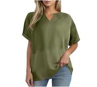 NZYIHAO Chemisier gaufré pour femme - Col en V - Décontracté - T-shirt d'été à manches courtes - Coupe ample - Léger - Long - Confortable - Couleur unie - Tunique pour femme, #01 vert armée., XXL