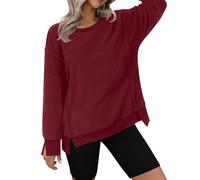 NZYIHAO Pull en polaire pour femme - Sweat-shirt moelleux - En peluche - Chaud - Manches longues - Avec fente - Coupe ample - Confortable et doux - Couleur unie - Pull d'hiver, Bordeaux, S