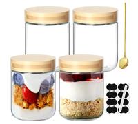 NZZVNZ 480ML Pots D'avoine de Nuit, Lot de 4 Bocaux en Verre Hermétique avec Couvercle Pot Yaourt en Verre, avec Autocollants et Marqueur et Cuillère