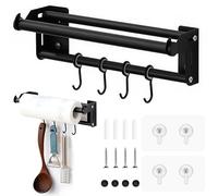 NZZVNZ Porte Sopalin Mural en Acier Carbone - Multifonction Porte-serviettes en Papier avec 4 Crochets Solides & Installation Sans Perçage - pour Cuisine/Salle de Bain (30cm, Noir) - Kit Complet Inclu