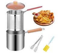 NZZVNZ Pots de Filtre à Huile en Acier Inoxydable 304, 3L Mini Friteuse avec Panier, Couvercle en Verre, Pince et Brosse - Poignée Bois Anti-Brûlure & Multi-Cuissons