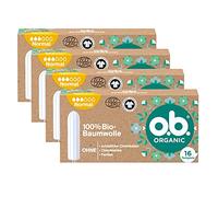 o.b. Organic Normal, Lot de 4 packs de 16 tampons bio pour les jours moyens à plus forts en 100 % coton bio pour une protection naturelle