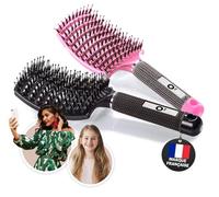 O³ Brosse a cheveux demelante [ 2 Brosses NOIRE et ROSE - NE TIRE PAS ] Poil de Sanglie 100% Naturel - Pour démêler en douceur ! (Noire/Rose)