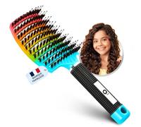 O³ Brosse Poil de Sanglier ARC-EN-CIEL BLEU - Brosse à Cheveux en Poils de Sanglier 100% Naturels - Démêle tout type de Cheveux et Sans Douleur !