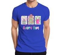 O Come let us Adore Him T-shirt pour homme Motif ange sapin de Noël chrétien pastel, bleu, L
