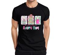 O Come let us Adore Him T-shirt pour homme Motif ange sapin de Noël chrétien pastel, Noir , XL